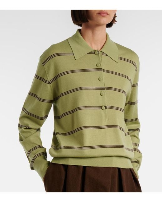 Dries Van Noten Green Striped Wool Polo Sweater