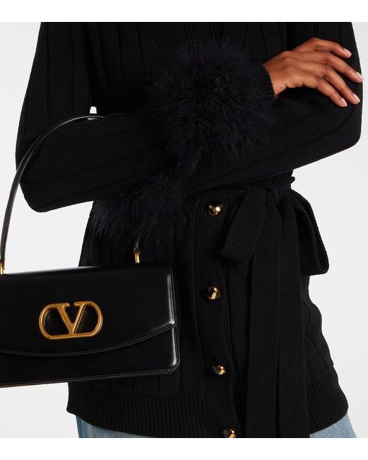 Valentino Black Feather-Trimmed Virgin Wool Cardigan