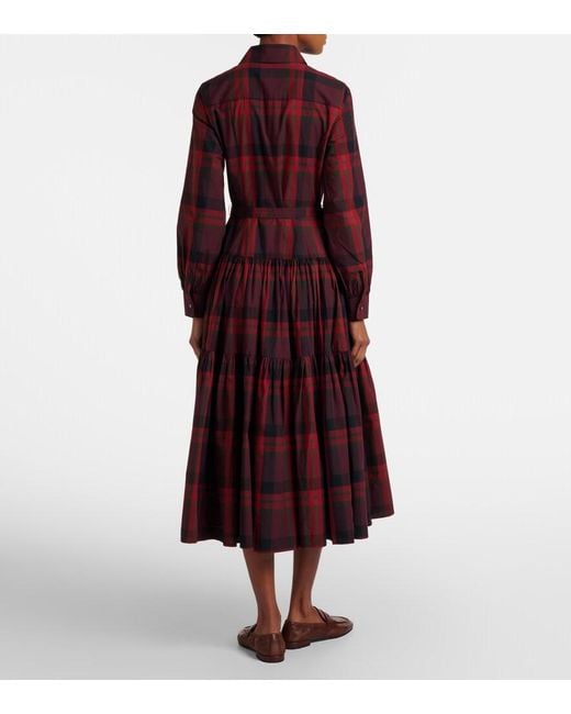 belted plaid cotton-blend dress Red Belted Plaid Ruched Dress