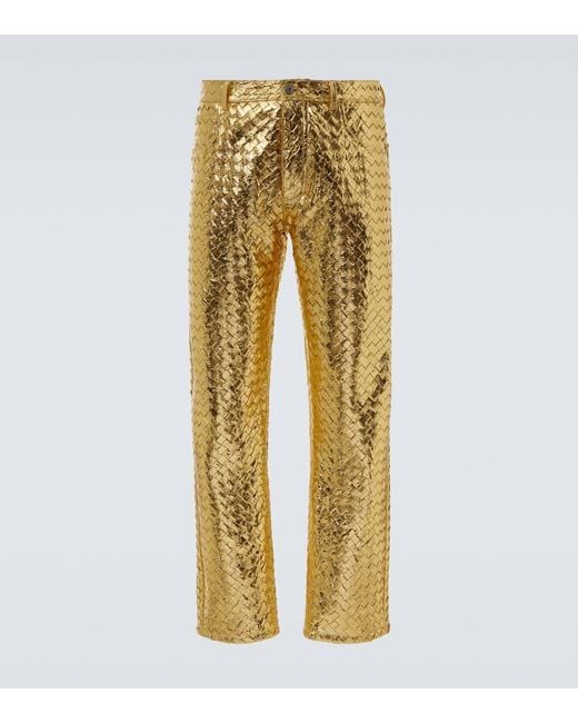 Bottega Veneta Gerade Hose Intrecciato Aus Metallic-Leder in Yellow für Herren