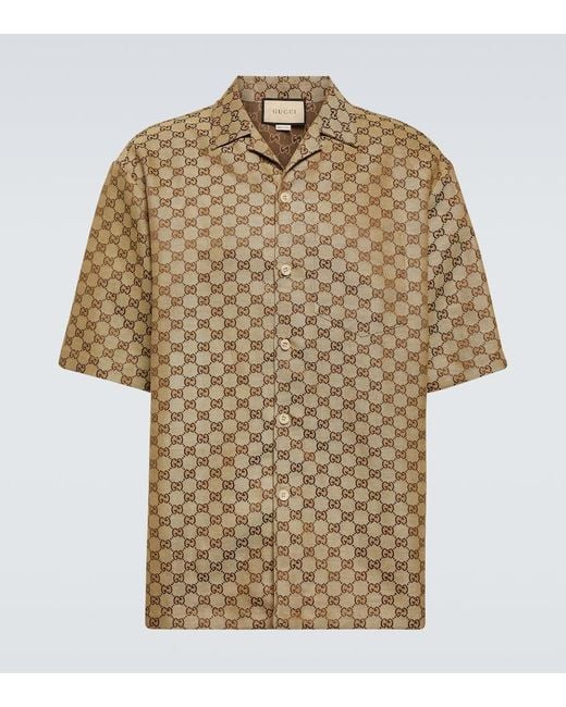 Camisa en mezcla de lino con GG en jacquard Gucci de hombre de color Brown