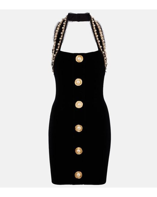 Balmain Black Faux Pearl-Embellished Velvet Minidress