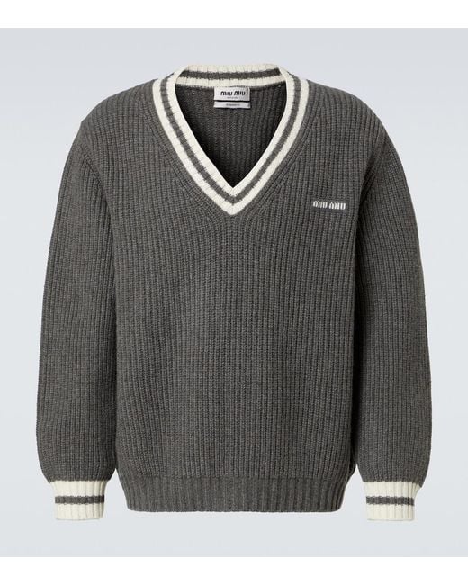 Miu Miu Gray Ribbed-Knit Wool And Cashmere Sweater for men