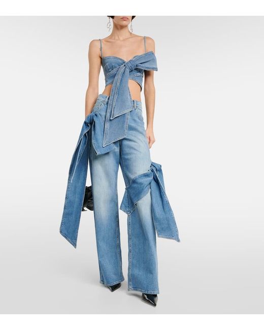 Crop Top De Denim Con Lazo Blumarine de color Blue