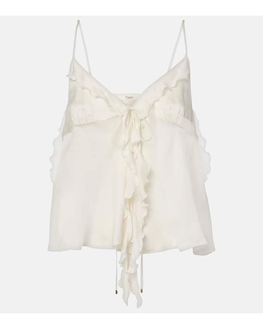 Chloé White Ruffled Silk Charmeuse Top