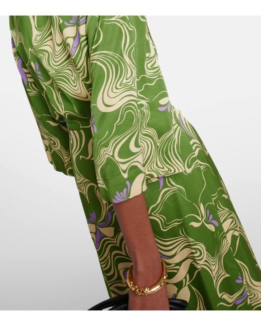 Dries Van Noten Green Printed Satin Wrap Dress