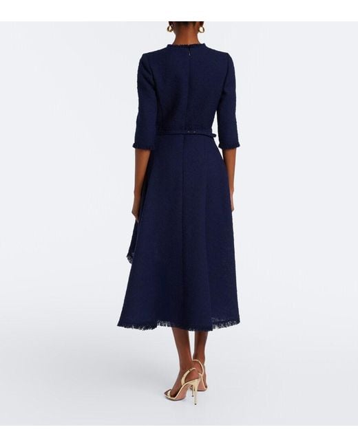 Oscar de la Renta Blue Embellished Tweed Midi Dress