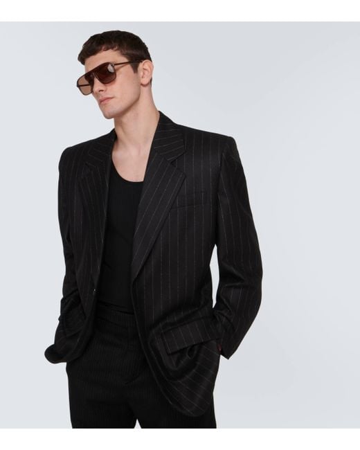 Saint Laurent Black Silk-trimmed Pinstriped Wool And Cotton-blend Blazer for men