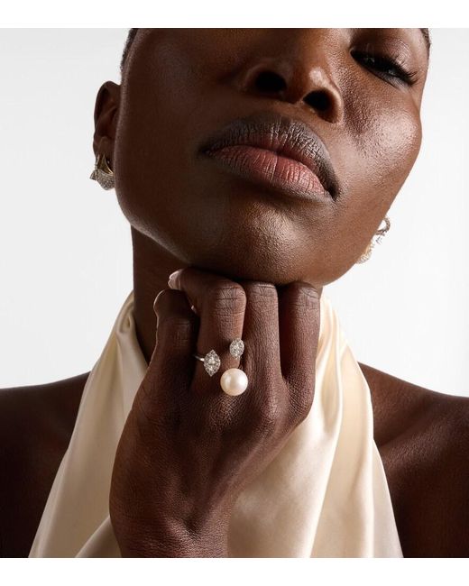 YEPREM White Pearlescent 18Kt Ring With Diamonds And Pearl