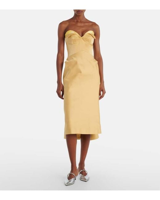 Alexander McQueen Yellow Strapless Satin Midi Dress