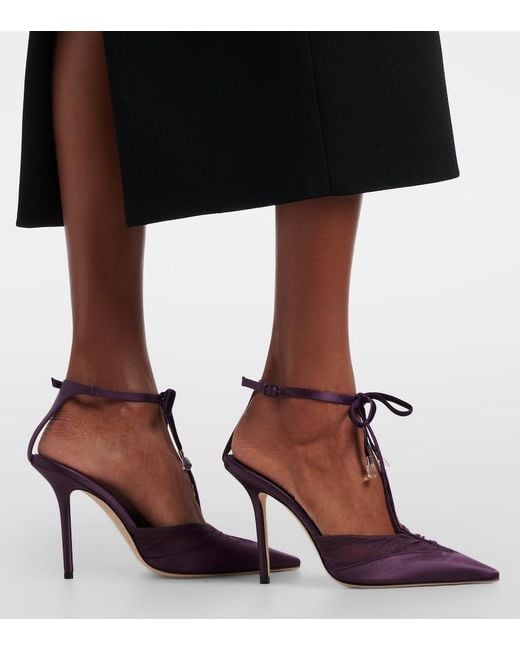 Jimmy Choo Purple Afia 100 Velvet-Trimmed Satin Pumps