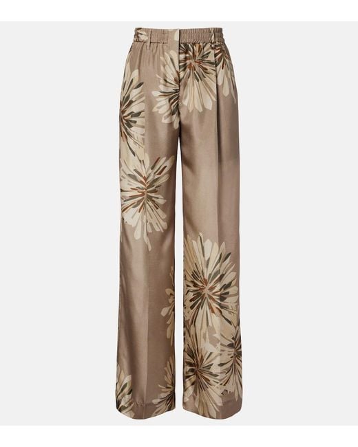 Brunello Cucinelli Natural Floral Silk Pongee Wide-Leg Pants