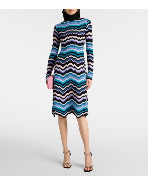 Missoni Blue Zigzag Knitted Turtleneck Midi Dress