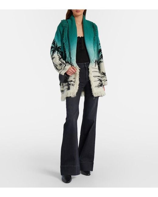 Alanui Green Wave Bloom Fringed Cotton-Blend Jacquard Cardigan