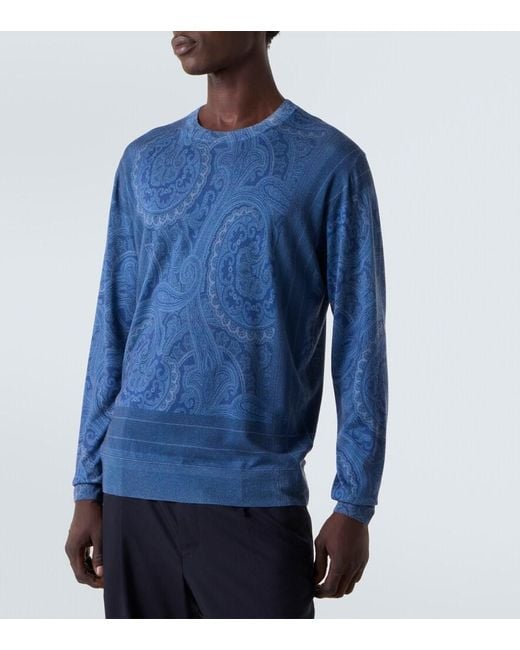 Etro Blue Paisley Silk And Cashmere Sweater for men