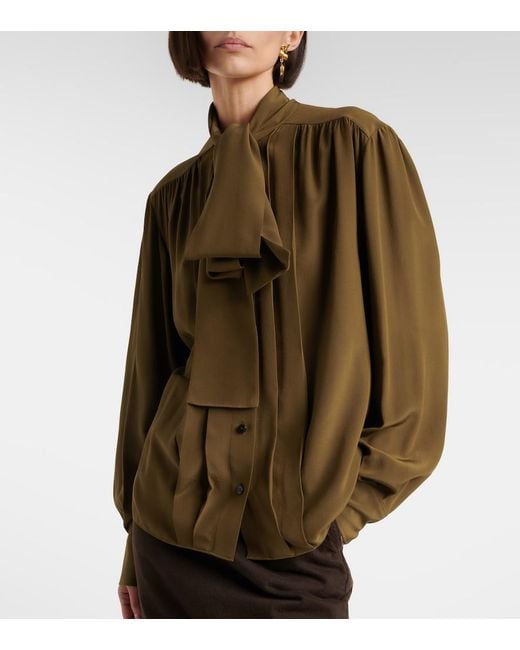 Saint Laurent Green Tie-Neck Silk Crepe De Chine Blouse