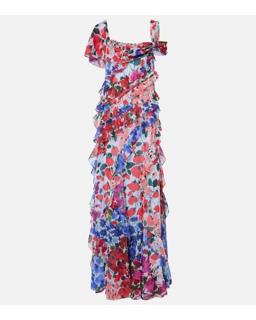 Carolina Herrera White Floral Ruffled Chiffon Gown
