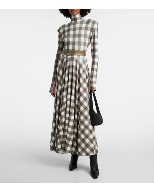 Norma Kamali White Checked Turtleneck Jersey Midi Dress