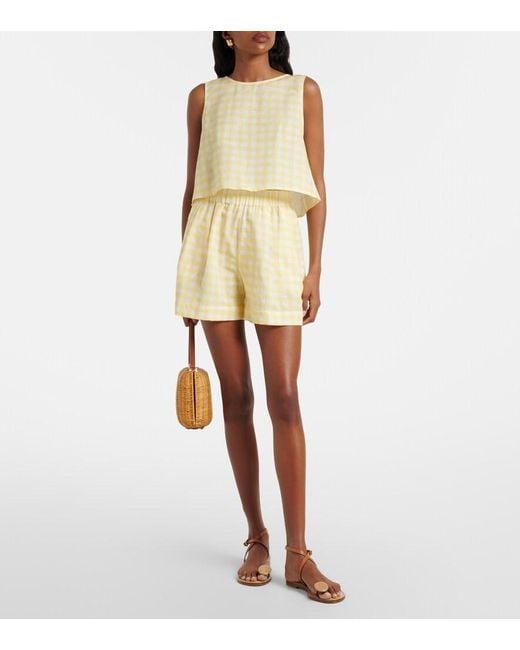 Asceno Yellow Kobe Gingham Linen And Cotton Crop Top