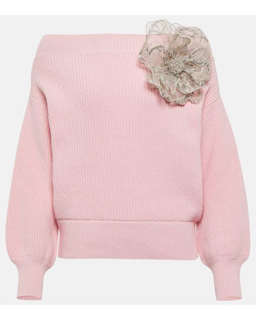 Oscar de la Renta Pink Floral-applique Off-shoulder Wool Sweater