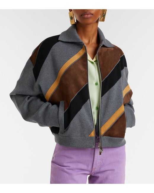 Versace Gray Suede-Trimmed Wool-Blend Zip-Up Sweater
