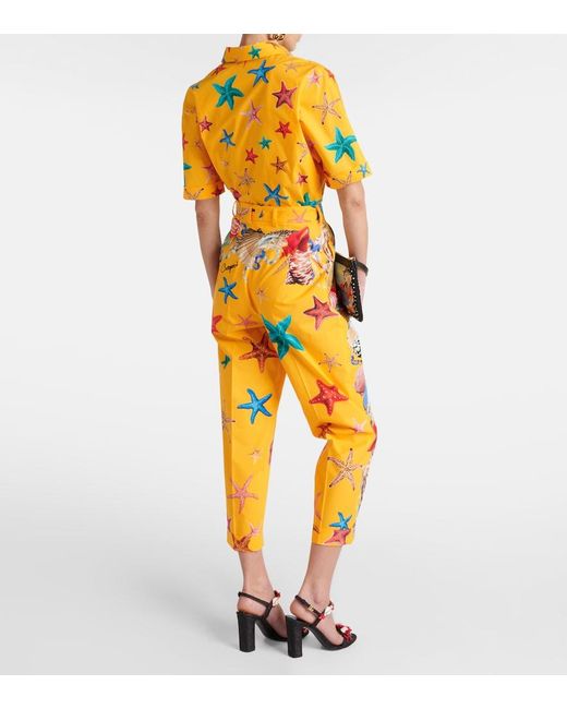 Dolce & Gabbana Yellow Capri Printed High-Rise Cotton Tapered Pants