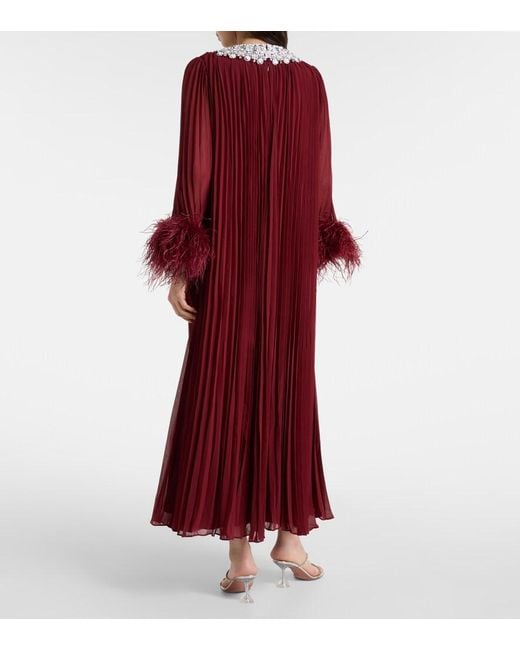 Self-Portrait Red Ostrich Feather-Trim Maxi Dress