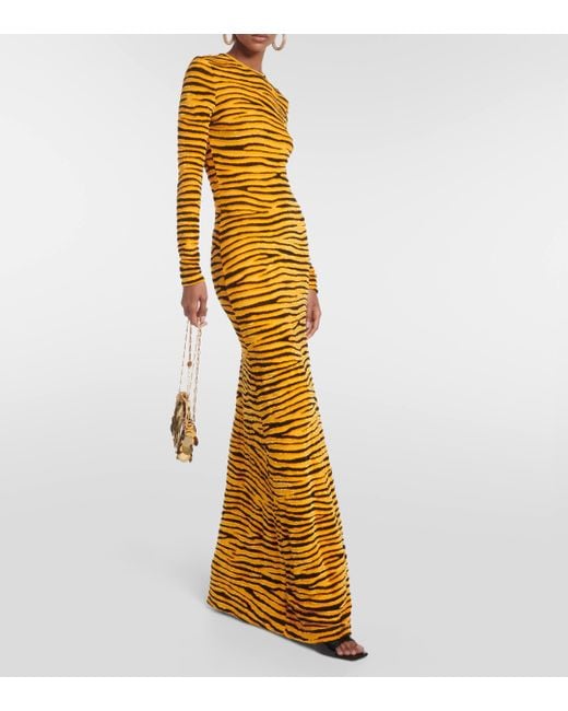 Robe longue en velours a motif tigre Rabanne en coloris Metallic