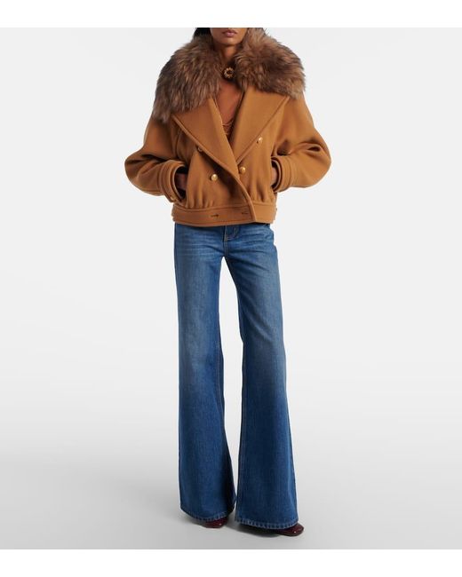 Chloé Brown Cropped Shearling-Trimmed Wool-Blend Coat