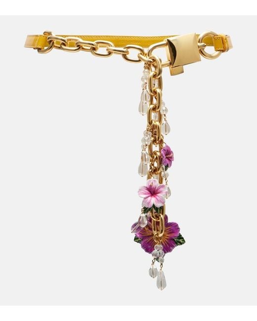 Dolce & Gabbana White Embellished Floral Leather And Chain Belt