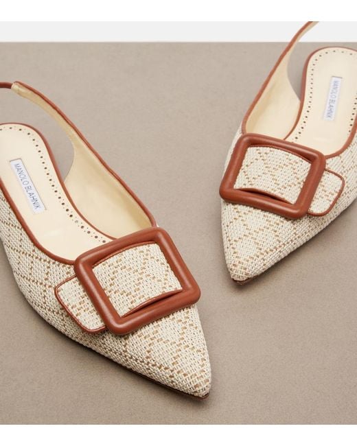 Manolo Blahnik Natural Maylura Raffia-Effect Slingback Flats
