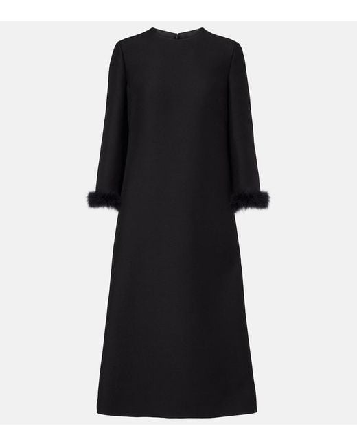Valentino Black Crepe Couture Feather-Trimmed Midi Dress