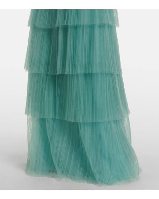 Costarellos Green Kali Embellished Tulle-Trimmed Plisse Gown