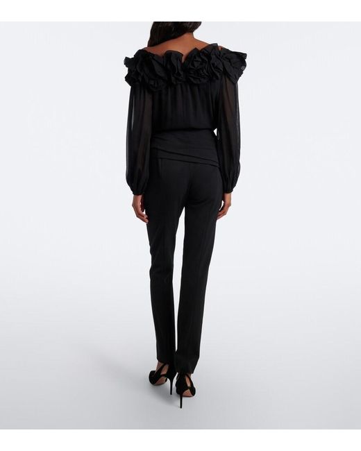 Carolina Herrera Black Floral-Applique Wool-Blend Leggings
