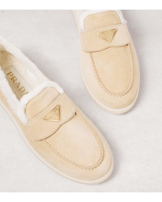 Prada Natural Shearling-Lined Suede Loafers