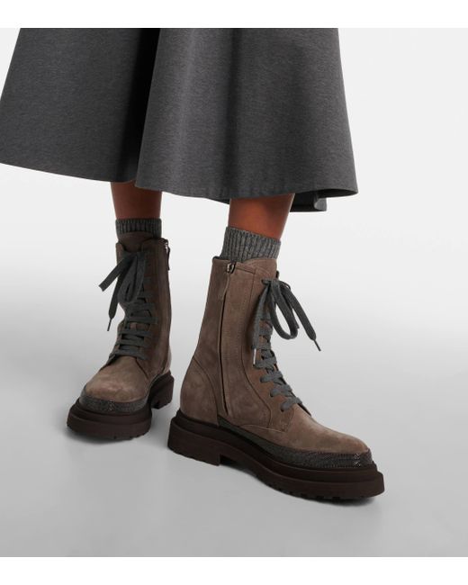 Brunello Cucinelli Monili Embellished Suede Combat Boots in Brown Lyst UK