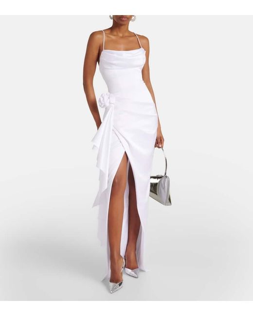 Rasario White Floral-applique Satin Gown