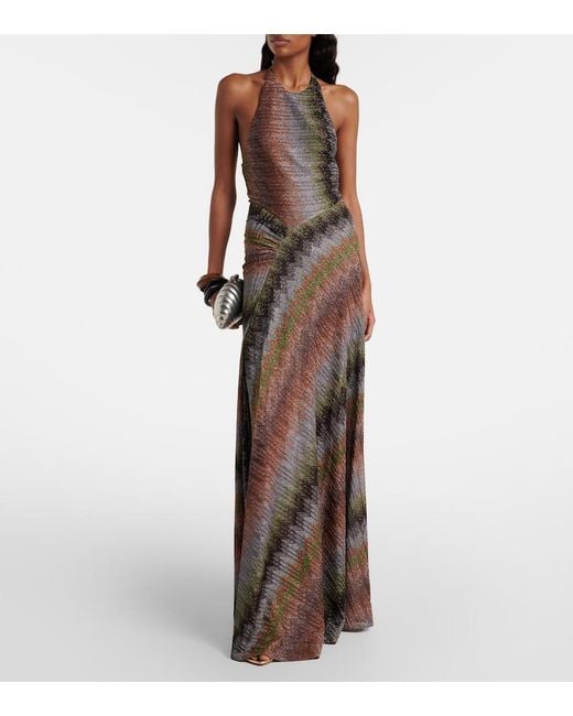 Missoni Brown Zigzag Halterneck Lame Maxi Dress