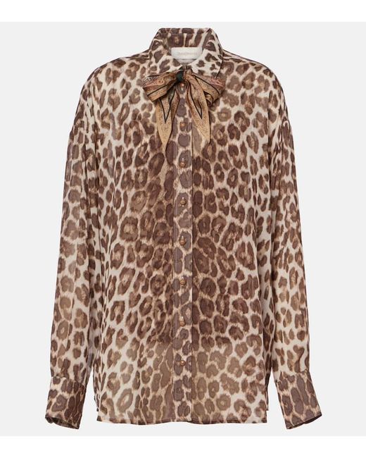 Zimmermann Brown Illustration Tie-Neck Leopard-Print Shirt