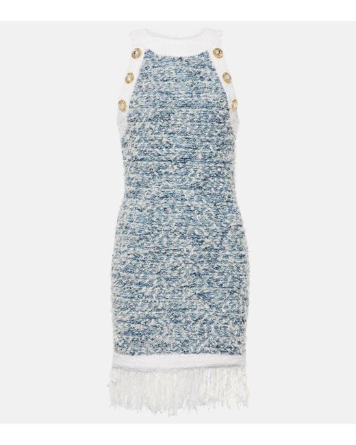 Balmain Blue Fringed Tweed Minidress