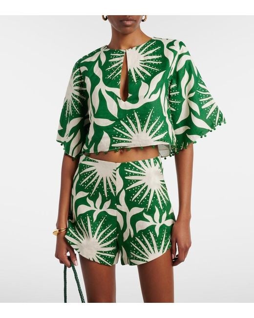 Cala De La Cruz Green Iris Beaded Printed Linen Crop Top