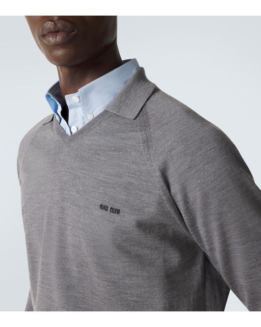 Miu Miu Gray Virgin Wool Polo Sweater for men