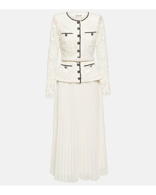 Self-Portrait White Convertible Pleated Georgette And Embellished Corded Lace Midi Dress