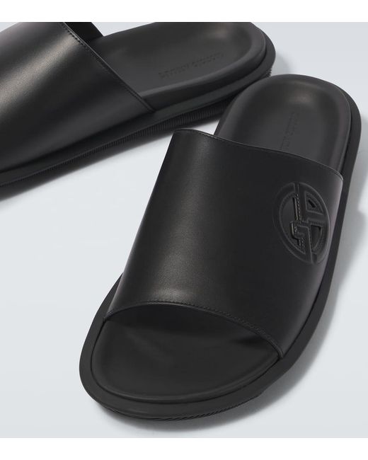 Giorgio Armani Black Logo Embossed Leather Slides for men