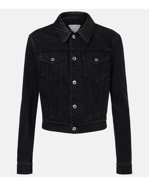 Bottega Veneta Blue Intrecciato Leather-Trimmed Denim Jacket