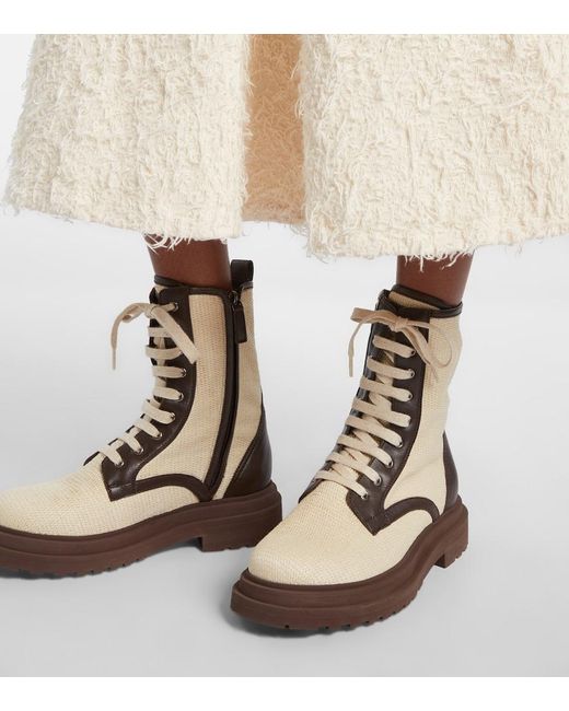 Brunello Cucinelli Natural Leather-Trimmed Lace-Up Boots