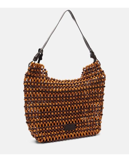 Staud Brown Drift Beaded Leather-Trimmed Tote Bag