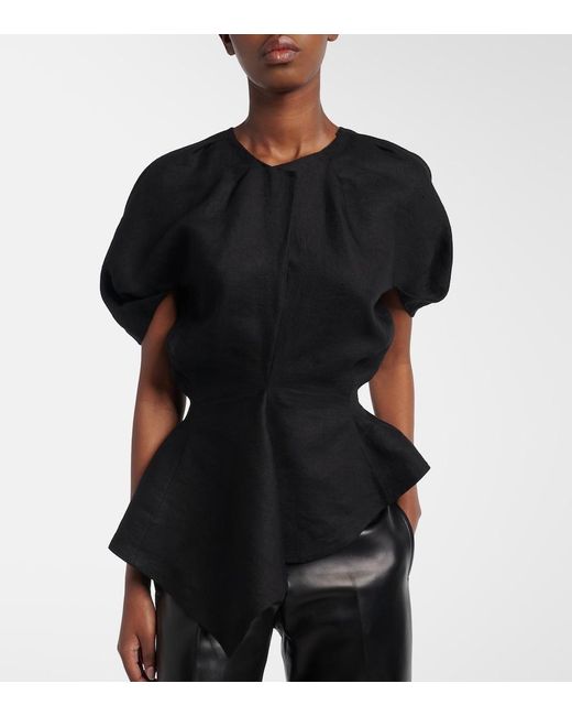 Khaite Black Rumi Peplum Linen-Blend Top