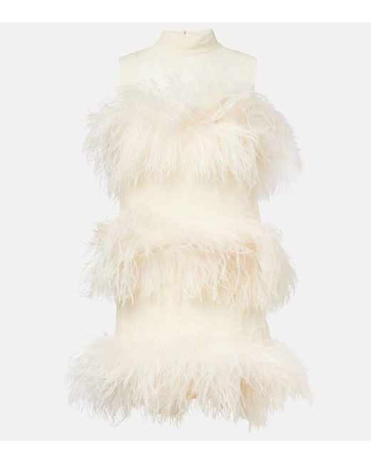 ‎Taller Marmo Natural Divine Feather-Trimmed Chiffon Minidress