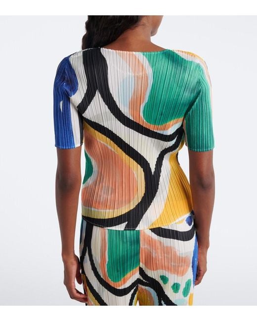 Pleats Please Issey Miyake Blue Roll Pleated Printed Top